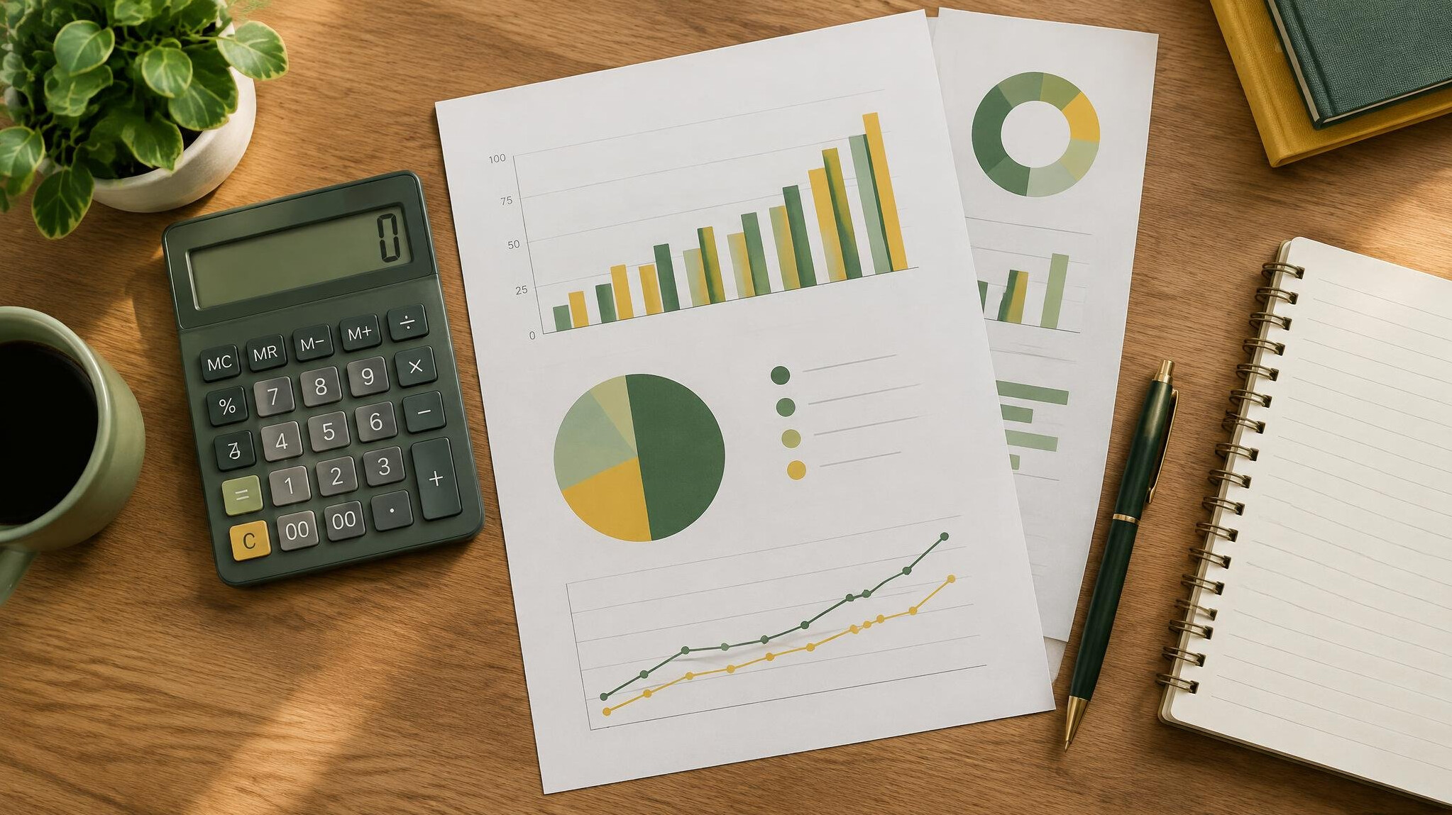 Calculator, pen and financial documents on a desk