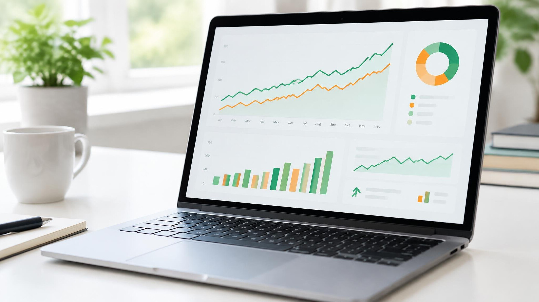 Laptop screen showing financial charts and analytics dashboard